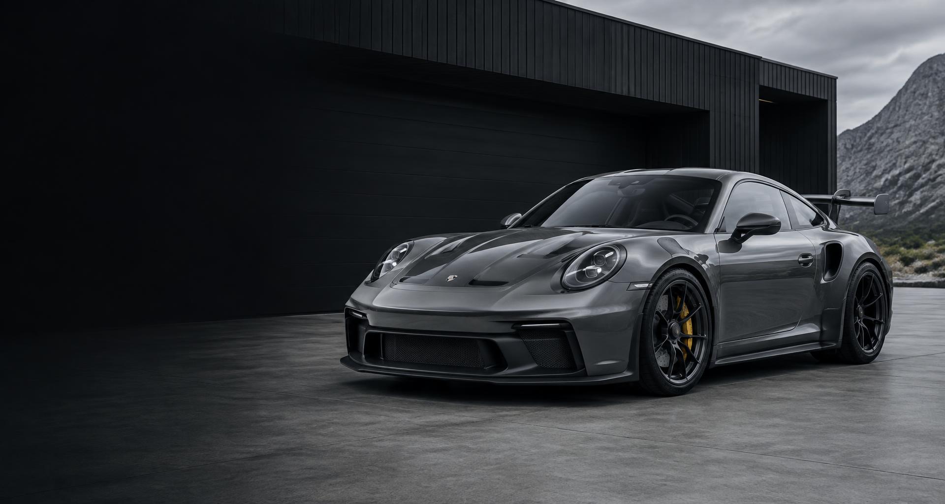 Grijze Porsche 911 GT3 voor een modern showroom